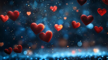 Poster - A beautiful display of hanging red glitter hearts against a dreamy blue background, perfect for romantic occasions.