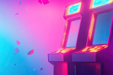 Poster - neon-infused abstract artwork reminiscent of vintage arcade game aesthetics featuring geometric patterns and digital