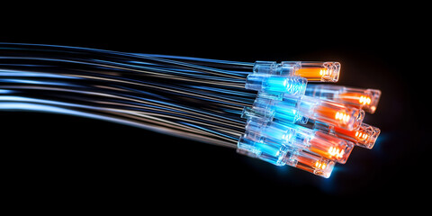 Poster - bundle of glowing fiber optic cables against dark background
