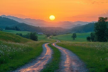 Poster - A picturesque summer mountain rural landscape; an expansive panorama of a lush green field with a dirt road under a cloudy sunset sky