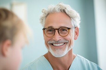 Poster - senior therapist wearing glasses smiles reassuringly as they guide session with younger client