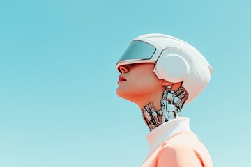 Poster - striking portrait of person with cybernetic implants showcasing fusion of human and technology featuring minimalistic