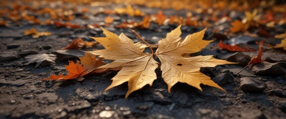 golden maple leaf skeleton on the ground at dusk, foliage, natural