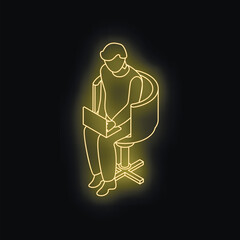 Poster - Neon yellow isometric businessman working on his laptop sitting on an office chair on a black background