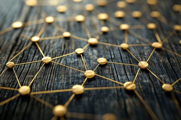 Poster - This artistic representation of interconnected networks with golden wires on rustic wood symbolizes modern communication and the dynamic realm of social media, encapsulating todays tech landscape