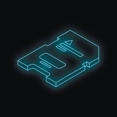 Poster - Neon blue isometric memory card glowing on a black background, symbolizing digital data storage and technology