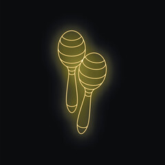 Poster - Pair of yellow neon maracas glowing on a black background, creating a vibrant and festive atmosphere