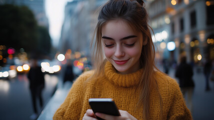 Wall Mural - Young woman with smartphone in hand, focused on online shopping and payment, captured in high-resolution with a chic backdrop.
