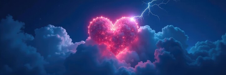 Wall Mural - dark blue night sky with glowing cloud heart and lightning, clouds, heart