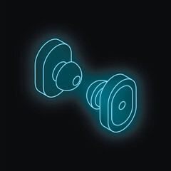 Poster - Neon isometric door handle and plate glowing on black background, security and access concept