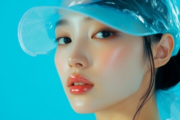 Wall Mural - Close-up portrait of a stylish woman with glossy lips wearing a transparent hat against a vibrant blue background.