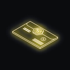 Poster - Isometric glowing neon yellow confidential mail with wax seal on black background