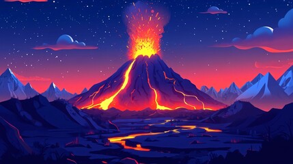 Wall Mural - a vibrant animated scene of a volcanic eruption, showcasing bright lava flows against a twilight sky