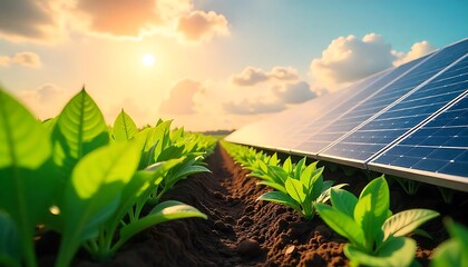 Solar panels next to a field of green plants, bright sunlight and blue sky with clouds