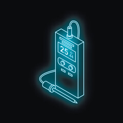 Poster - Glowing neon digital thermometer displaying temperature reading in celsius, suitable for scientific or industrial applications
