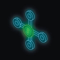 Poster - Neon green dollar coin uniting four blue circles representing a financial network on a black background