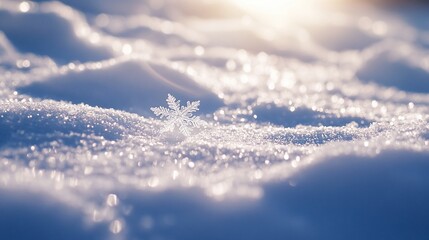 Wall Mural - Single snowflake on glistening snow in sunlight.