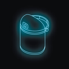 Poster - Neon outline of smart speaker glowing on black background, representing modern wireless technology and audio innovation