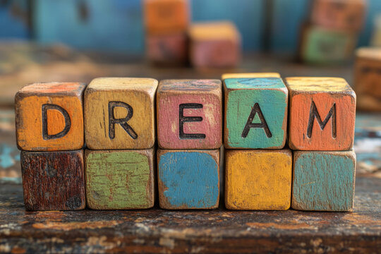 Vintage wooden blocks spelling the word dream, inspiring creativity and imagination