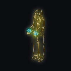 Poster - Neon sign of a man holding futuristic devices, glowing yellow and blue on a black background