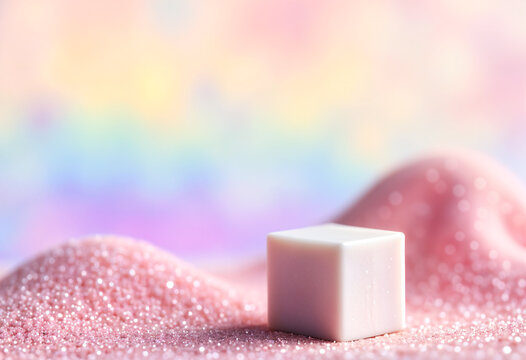 Square podium, pastel sand background, pastel background, bokeh