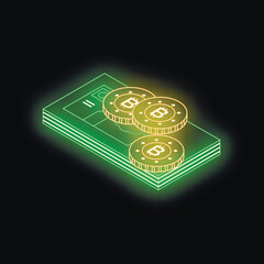Poster - Bitcoin cryptocurrency coins lying on stack of paper banknotes glowing neon style on black background