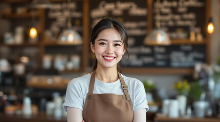 Aufkleber - A woman wearing an apron is smiling at the camera in a coffee shop setting with a menu and other items visible in the background.