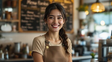 Aufkleber - a woman standing in a coffee shop, wearing a brown apron. She is smiling and looking at the camera.