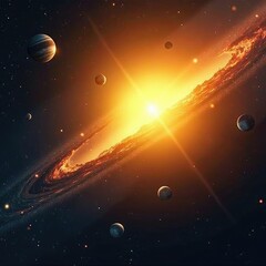 Wall Mural - bright yellow sun burst in space with stars and planets, solar flare, space