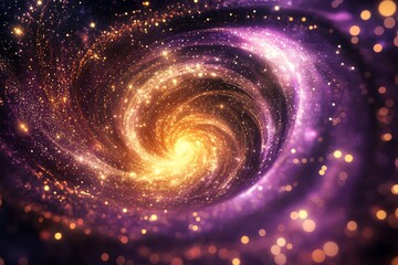 Canvas Print - A spiral galaxy, with golden and deep purple particles, creates a mesmerizing vortex, igniting imagination and suggesting thrilling possibilities of time travel across various dimensions