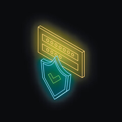 Poster - Glowing neon server and shield with checkmark symbolize successful data protection and cybersecurity