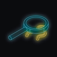 Poster - neon magnifying glass inspecting glowing question marks representing problem solving, curiosity, and