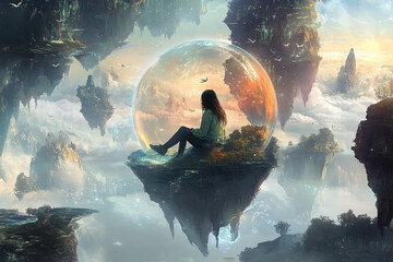 Wall Mural - a girl sitting inside a floating room in space surrounded by dreamy, ethereal landscapes and surreal