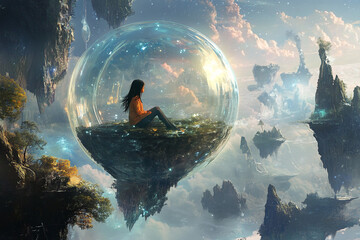 Wall Mural - a girl sitting inside a floating room in space surrounded by dreamy, ethereal landscapes and surreal
