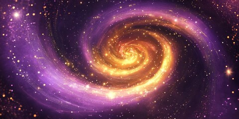 Poster - A stunning spiral galaxy with gold and purple particles swirling in a cosmic vortex, ideal for themes of time travel and endless exploration, immersing one in the vastness and wonder