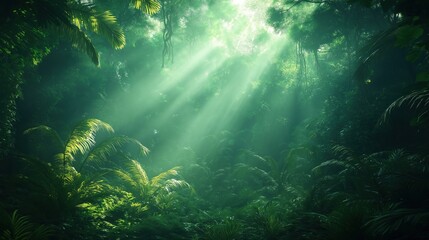 Wall Mural - A lush green jungle with sunlight shining through the trees