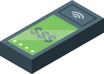 Poster - Pos terminal showing dollar symbols on green screen indicating successful transaction, highlighting modern cashless payment technology