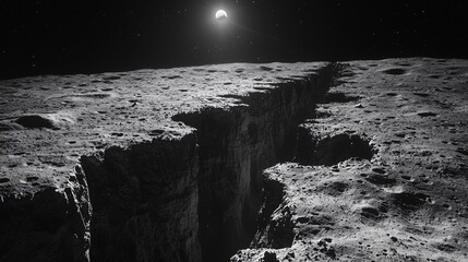 majestic lunar landscape with craters and distant planet in black and white