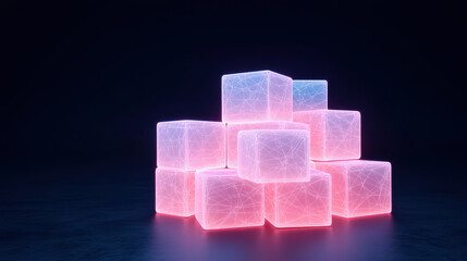 Poster - cluster of glowing cubes interconnected with translucent edges, creating mesmerizing visual effect in dark environment. vibrant colors evoke sense of wonder and intrigue