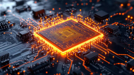 Poster - close up of glowing AI chip surrounded by intricate circuitry, showcasing advanced technology and innovation. vibrant orange light highlights complexity of design
