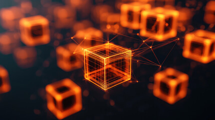 Aufkleber - cluster of glowing interconnected cubes in orange hues, creating vibrant digital atmosphere. design evokes sense of technology and innovation