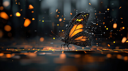 Poster - cybernetic butterfly with glowing circuits and orange wings flies through digital landscape, symbolizing fusion of nature and technology