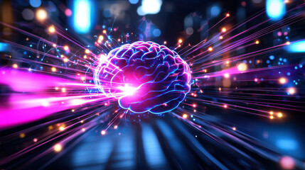 Aufkleber - digital brain network illuminated by electric currents, showcasing vibrant colors and dynamic energy. This represents fusion of technology and neuroscience, evoking sense of innovation and