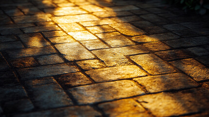 Poster - Warm sunlight reflecting on a textured stone pathway in the late afternoon