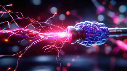 Poster - digital brain network emitting electric currents, showcasing vibrant colors and dynamic energy. This captures fusion of technology and neuroscience, evoking sense of innovation and creativity