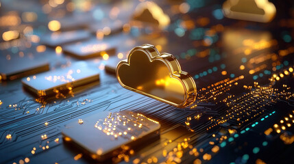 Fototapete - digital rendering of interconnected cloud icons on circuit board, showcasing technology and innovation. glowing elements create futuristic atmosphere