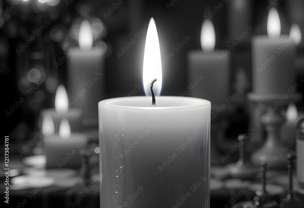 Black and white image of a lit candle casting a soft glow in a dark ...