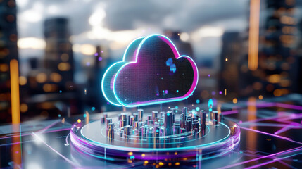 Aufkleber - futuristic holographic cloud platform over city skyline, showcasing advanced technology and digital connectivity. vibrant colors and modern design evoke sense of innovation and progress