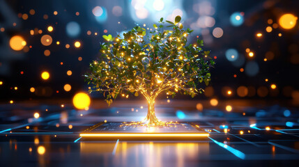 Poster - giant AI powered tree with luminous branches stands on circuit board, surrounded by glowing orbs. This enchanting scene blends nature and technology, evoking sense of wonder and innovation