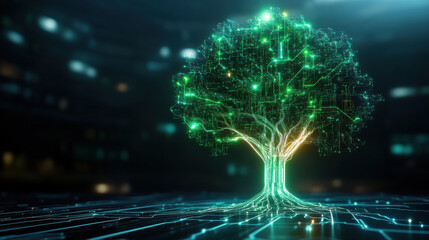Aufkleber - glowing tree made of interconnected circuits symbolizes fusion of nature and technology, showcasing vibrant green lights and intricate patterns
